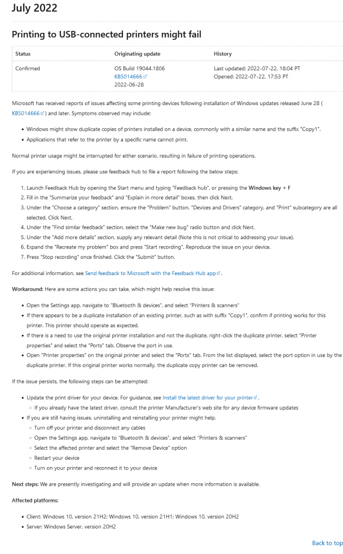 微软已经承认于 2022 年 6 月 28 日发布的可选更新 KB5014666，会导致部分 Windows 10 设备出现打印问题。微软在日志中表示，这个 BUG 会导致 Windows 10 某个打印机出现带有“Copy1”后缀的重复打印机。更为重要的是，根据名称来指定打印机的应用程序无法打印文档。鱼见海科技-小程序源码-网站源码-免费源码鱼见海资源网-免费PHP网站源码模板,插件软件资源分享平台！